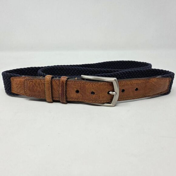 TORINO BROWN LEATHER NAVY BLUE COTTON WOVEN SILVER BUCKLE MENS BELT SIZE 44 - Picture 1 of 5